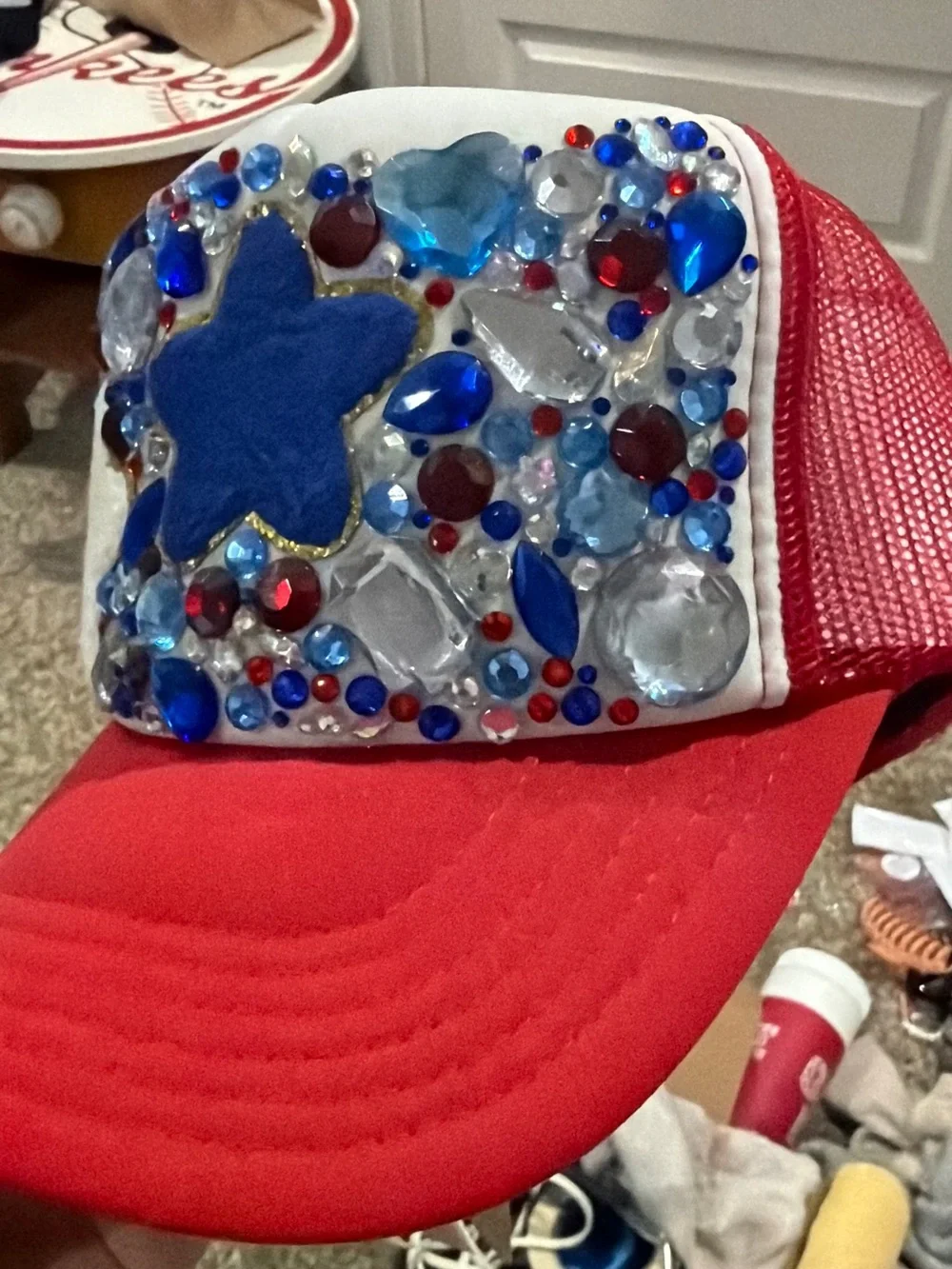 Kids Red Trucker Hat with Blue & White Star Gems